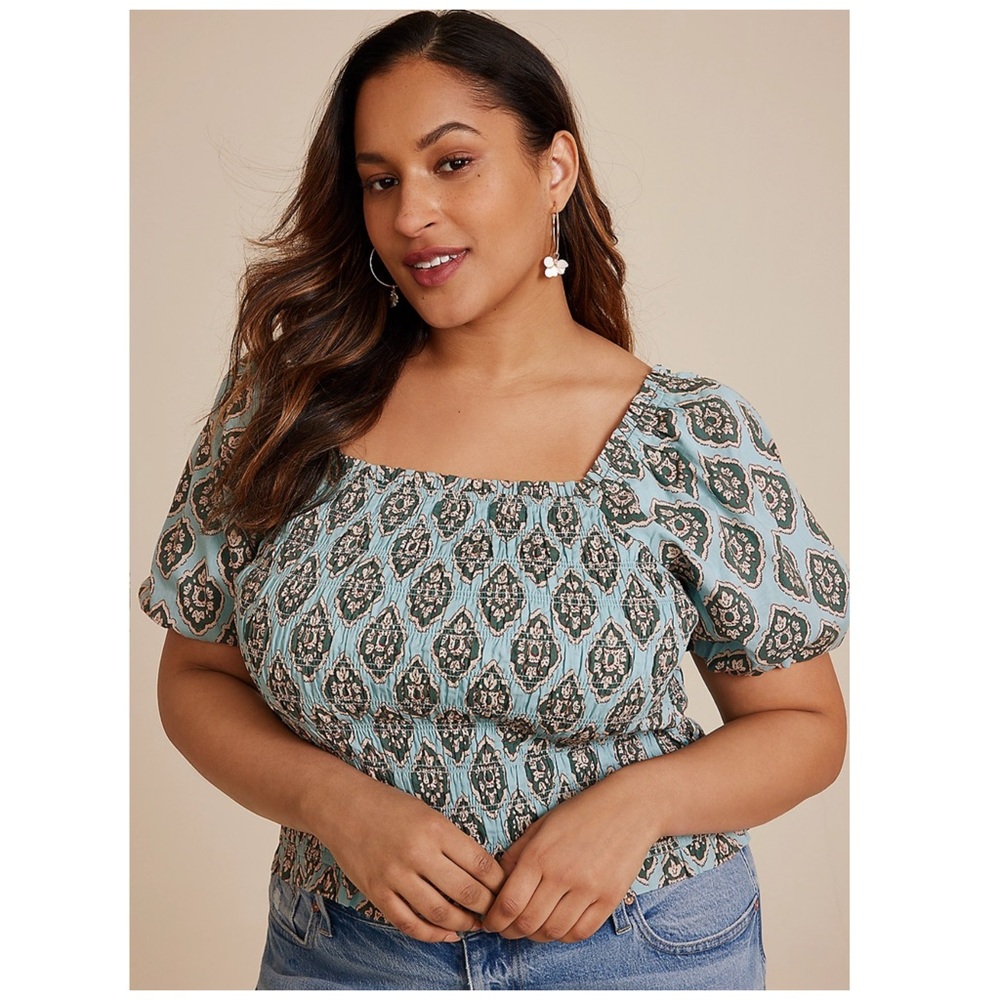 NEW Maurices Smocked Medallion Print Puff Sleeve Top